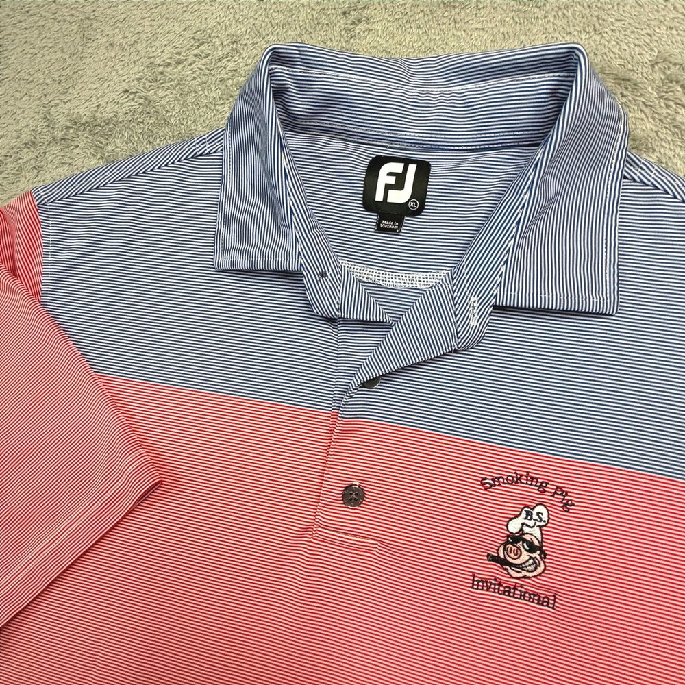 FootJoy Mens XL Golf Polo Shirt Smoking Pig Invitational Red Blue Striped Lisle